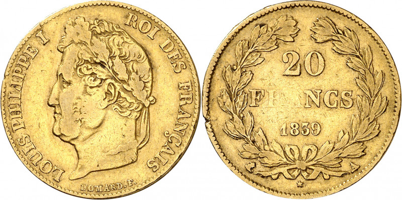 Francia. 1839. Luis Felipe I. A (París). 20 francos. (Fr. 560) (Kr. 750.1). Golp...