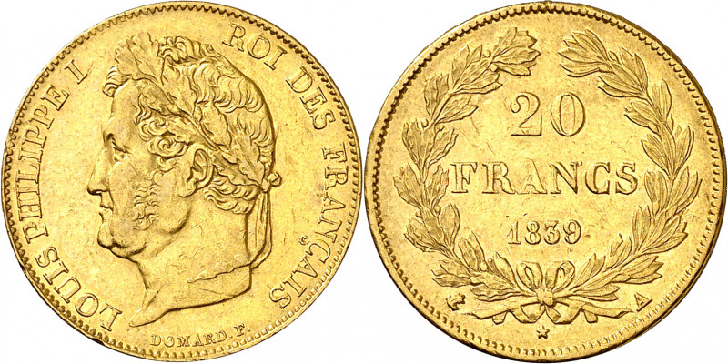 Francia. 1839. Luis Felipe I. A (París). 20 francos. (Fr. 560) (Kr. 750.1). Rayi...