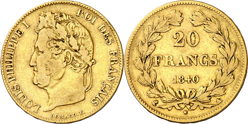 Francia. 1840. Luis Felipe I. A (París). 20 francos. (Fr. 560) (Kr. 750.1). AU. ...