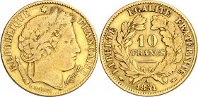 Francia. 1851. II República. A (París). 10 francos. (Fr. 567) (Kr. 770). AU. 3,17 g. MBC-.