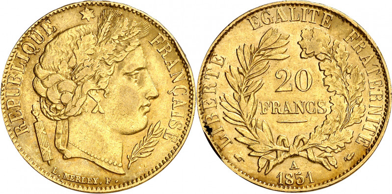 Francia. 1851. II República. A (París). 20 francos. (Fr. 566) (Kr. 762). Golpeci...