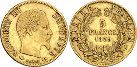 Francia. 1859. Napoleón III. A (París). 5 francos. (Fr. 578a) (Kr. 787.1). AU. 1,58 g. MBC-.