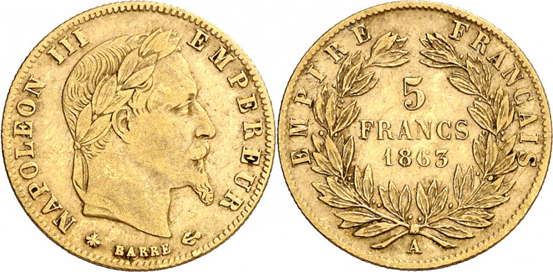 Francia. 1863. Napoleón III. A (París). 5 francos. (Fr. 588) (Kr. 803.1). AU. 1,...