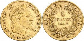 Francia. 1863. Napoleón III. A (París). 5 francos. (Fr. 588) (Kr. 803.1). AU. 1,60 g. MBC-/MBC.