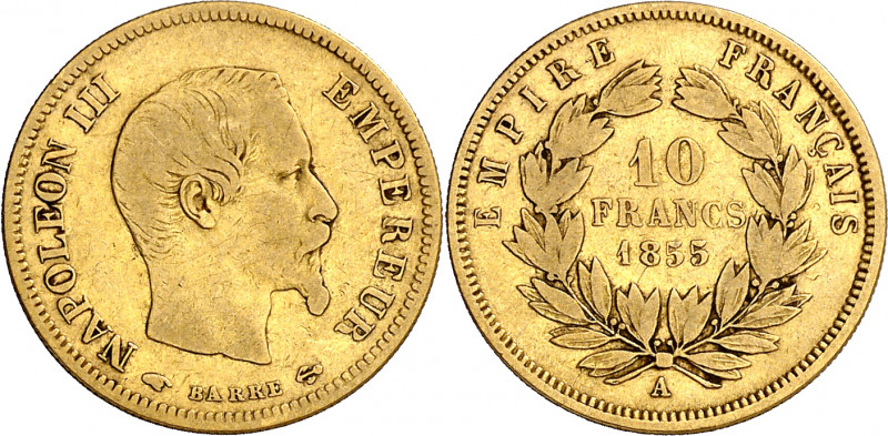 Francia. 1855. Napoleón III. A (París). 10 francos. (Fr. 576a) (Kr. 784.3). AU. ...