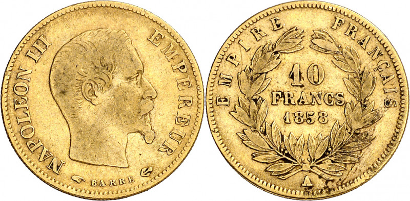 Francia. 1858. Napoleón III. A (París). 10 francos. (Fr. 576a) (Kr. 784.3). AU. ...
