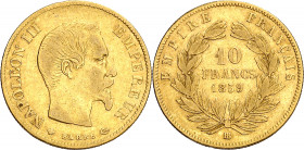 Francia. 1859. Napoleón III. BB (Estrasburgo). 10 francos. (Fr. 577) (Kr. 784.4). AU. 3,19 g. MBC-.