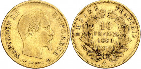 Francia. 1860. Napoleón III. A (París). 10 francos. (Fr. 576a) (Kr. 784.3). Rayitas. AU. 3,17 g. BC+/MBC-.