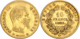 Francia. 1860. Napoleón III. BB (Estrasburgo). 10 francos. (Fr. 577) (Kr. 784.4). AU. 3,19 g. MBC-/MBC.