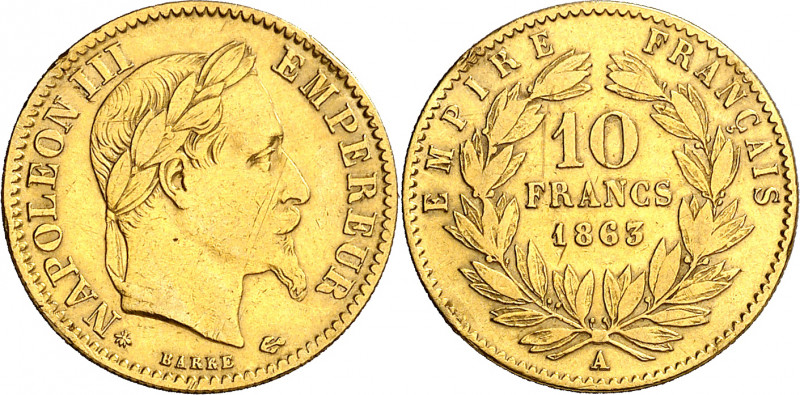 Francia. 1863. Napoleón III. A (París). 10 francos. (Fr. 586) (Kr. 800.1). AU. 3...