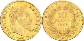 Francia. 1863. Napoleón III. BB (Estrasburgo). 10 francos. (Fr. 587) (Kr. 800.2). AU. 3,15 g. MBC-.