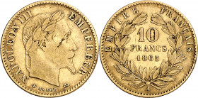 Francia. 1865. Napoleón III. A (París). 10 francos. (Fr. 586) (Kr. 800.1). AU. 3,19 g. MBC-.