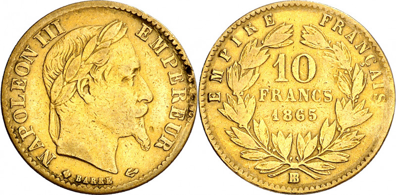 Francia. 1865. Napoleón III. BB (Estrasburgo). 10 francos. (Fr. 587) (Kr. 800.2)...