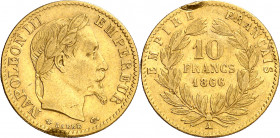 Francia. 1866. Napoleón III. A (París). 10 francos. (Fr. 586) (Kr. 800.1). Golpecito. AU. 3,19 g. (MBC).