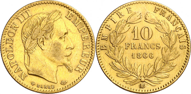 Francia. 1866. Napoleón III. BB (Estrasburgo). 10 francos. (Fr. 587) (Kr. 800.2)...