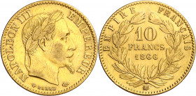 Francia. 1866. Napoleón III. BB (Estrasburgo). 10 francos. (Fr. 587) (Kr. 800.2). Rayitas. AU. 3,19 g. MBC+.