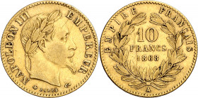 Francia. 1868. Napoleón III. A (París). 10 francos. (Fr. 586) (Kr. 800.1). AU. 3,20 g. MBC.