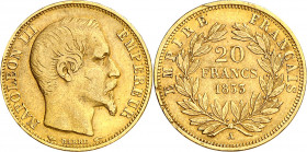 Francia. 1853. Napoleón III. A (París). 20 francos. (Fr. 573) (Kr. 781.1). Golpecitos. AU. 6,40 g. MBC-.