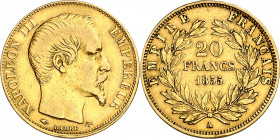 Francia. 1855. Napoleón III. A (París). 20 francos. (Fr. 573) (Kr. 781.1). AU. 6,39 g. MBC-/MBC.