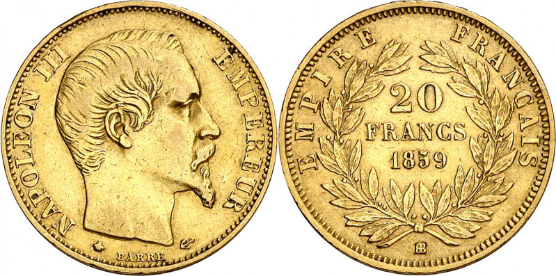 Francia. 1859. Napoleón III. BB (Estrasburgo). 20 francos. (Fr. 574) (Kr. 781.2)...