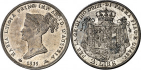 Italia. 1815. María Luisa. Parma. 2 liras. (Kr. 29). Pátina. Ínfimas rayitas. AG. 10 g. (S/C-).