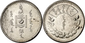 Mongolia. AH 15 (1925). 1 tugrik. (Kr. 8). Escasa así. AG. 19,97 g. S/C-.