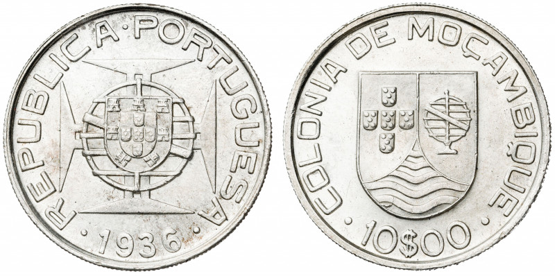 Mozambique. 1936. 10 escudos. (Kr. 67). AG. 12,41 g. S/C-.