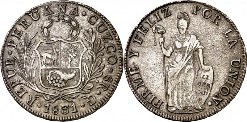 Perú. 1831. Cuzco. G. 8 reales. (Kr. 142.4). Escasa. AG. 26,26 g. MBC.