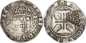 Portugal. s/d (1663). Alfonso VI. Lisboa. 250 reis. (Kr. 431.1) (Gomes 42.01). Contramarca 250 bajo corona (De mey 1029) sobre 1/2 cruzado de Juan IV....