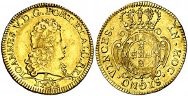 Portugal. 1722. Juan V. Lisboa. 1 escudo (1600 reis). (Fr. 89) (Gomes 116.01). Leve hojita en borde. Ex Áureo & Calicó 30/10/2014, nº 2220. Escasa. AU...