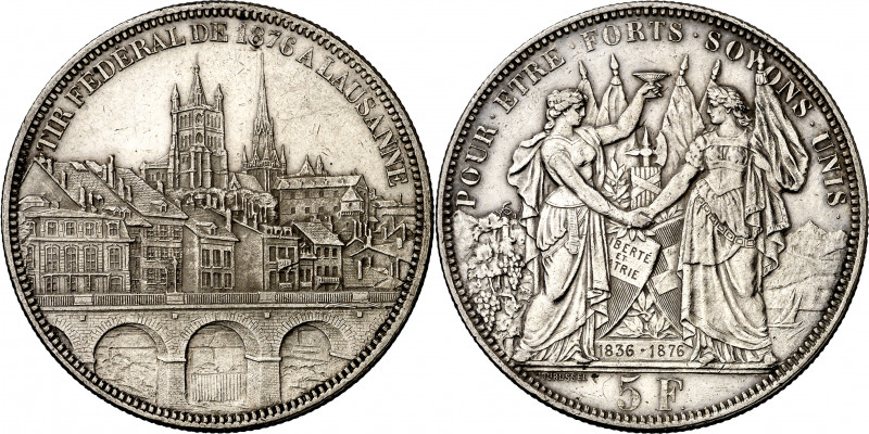 Suiza. 1876. 5 francos. (Kr. S13). Festival de tiro: Lausana. AG. 24,95 g. EBC.