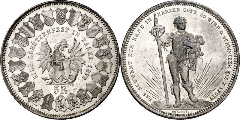 Suiza. 1879. 5 francos. (Kr. S14). Festival de tiro: Basilea. AG. 24,93 g. EBC+.