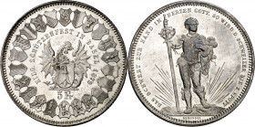Suiza. 1879. 5 francos. (Kr. S14). Festival de tiro: Basilea. AG. 24,93 g. EBC+.