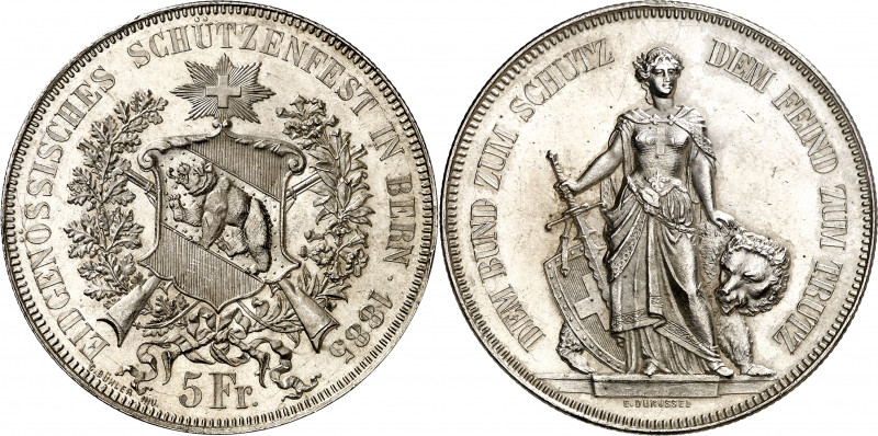 Suiza. 1885. 5 francos. (Kr. S17). Festival de tiro: Berna. AG. 24,99 g. S/C.