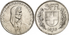 Suiza. 1925. B (Berna). 5 francos. (Kr. 38). Golpecitos en canto. AG. 25 g. (EBC).