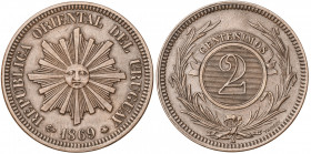 Uruguay. 1869. A (París). 2 centésimos. (Kr. 12). CU. 10,11 g. MBC+.