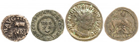 Lote formado por 2 pequeños bronces bajoimperiales, un antoniniano de Maximiano Hércules y un cuadrante de Claudio. A examinar. MBC-/MBC+.
