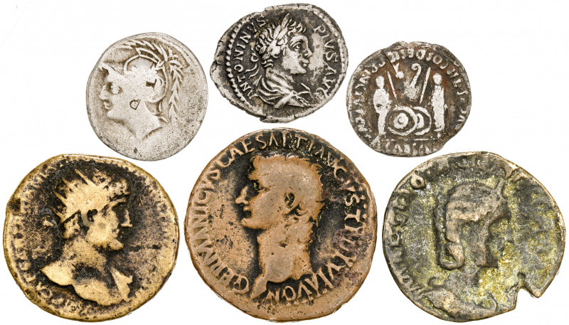 Lote formado por 3 denarios, un sestercio, un dupondio y un as. Total 6 monedas....