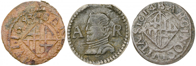 1614, 1653 y 1654. Felipe III y Felipe IV. Barcelona. 1 ardit. Lote de 3 monedas...