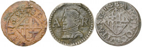 1614, 1653 y 1654. Felipe III y Felipe IV. Barcelona. 1 ardit. Lote de 3 monedas. A examinar. BC+/MBC.