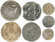 Lote de 6 monedas de cobre distintas de la Guerra dels Segadors, más un diner de Ferran II de Barcelona. Total 7 monedas. BC+/MBC-.
