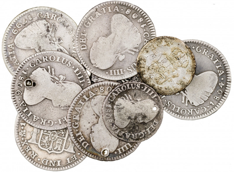 Carlos IV. Madrid, México y Potosí. 1/2 (tres) y 1 real (seis). 9 monedas, 4 con...