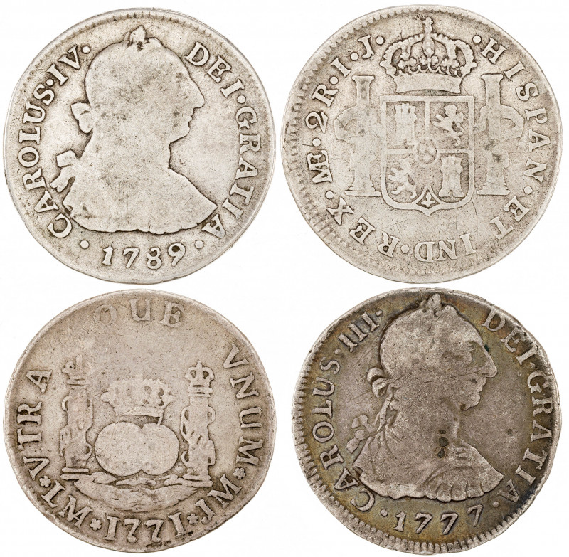 1771, 1777, 1789, 1790. Carlos III y Carlos IV. Lima. 2 reales. Lote de 4 moneda...