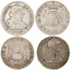 1771, 1777, 1789, 1790. Carlos III y Carlos IV. Lima. 2 reales. Lote de 4 monedas. BC/MBC-.