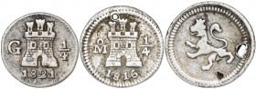 Fernando VII. Lote de 3 monedas de 1/4 de real: Guatemala 1821, Lima 1820 y México 1816, dos con perforación. BC+/MBC-.