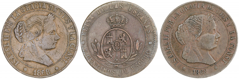 1868. Isabel II. Barcelona. OM. 5 céntimos de escudo. Lote de 3 monedas falsas d...