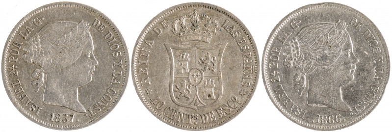 1866 a 1868. Isabel II. Madrid. 40 céntimos de escudo. Lote de 3 monedas. MBC/MB...