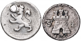 1808 y 1809. Potosí. 1/4 de real. Lote de 2 monedas, una con perforación. A examinar. BC/MBC-.