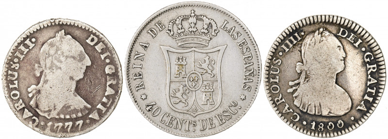 Lote de 3 monedas españolas de plata: 1 real Carlos III 1777 Potosí, 1 real Carl...