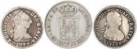 Lote de 3 monedas españolas de plata: 1 real Carlos III 1777 Potosí, 1 real Carlos IV 1800 México y 40 céntimos de escudo Isabel II 1866 Madrid. A exa...